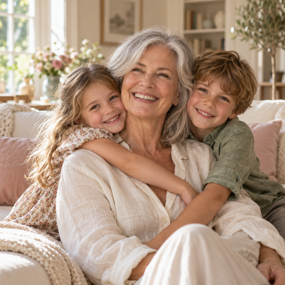 Illustrative family moment: grandmother hugging her grandchildren