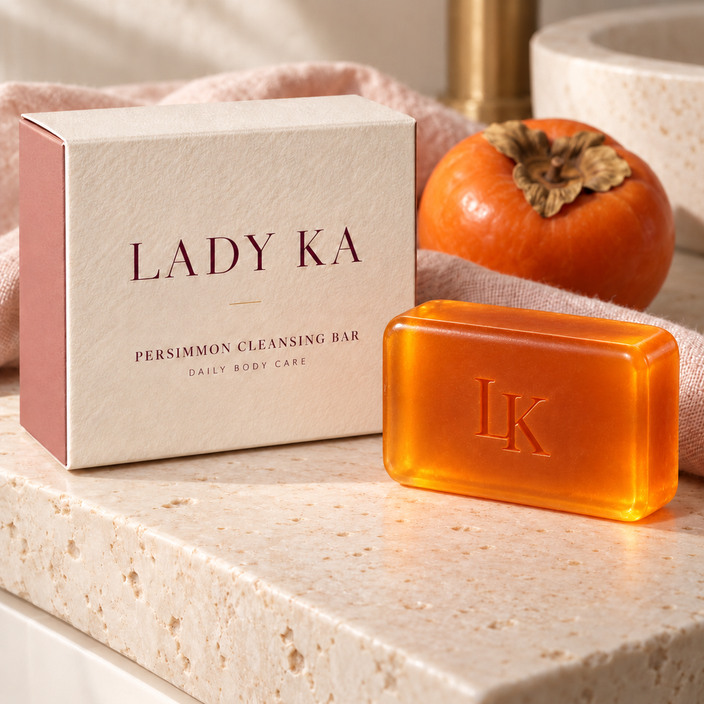 Lady Ka glossy translucent amber persimmon bar with LK monogram and ivory carton