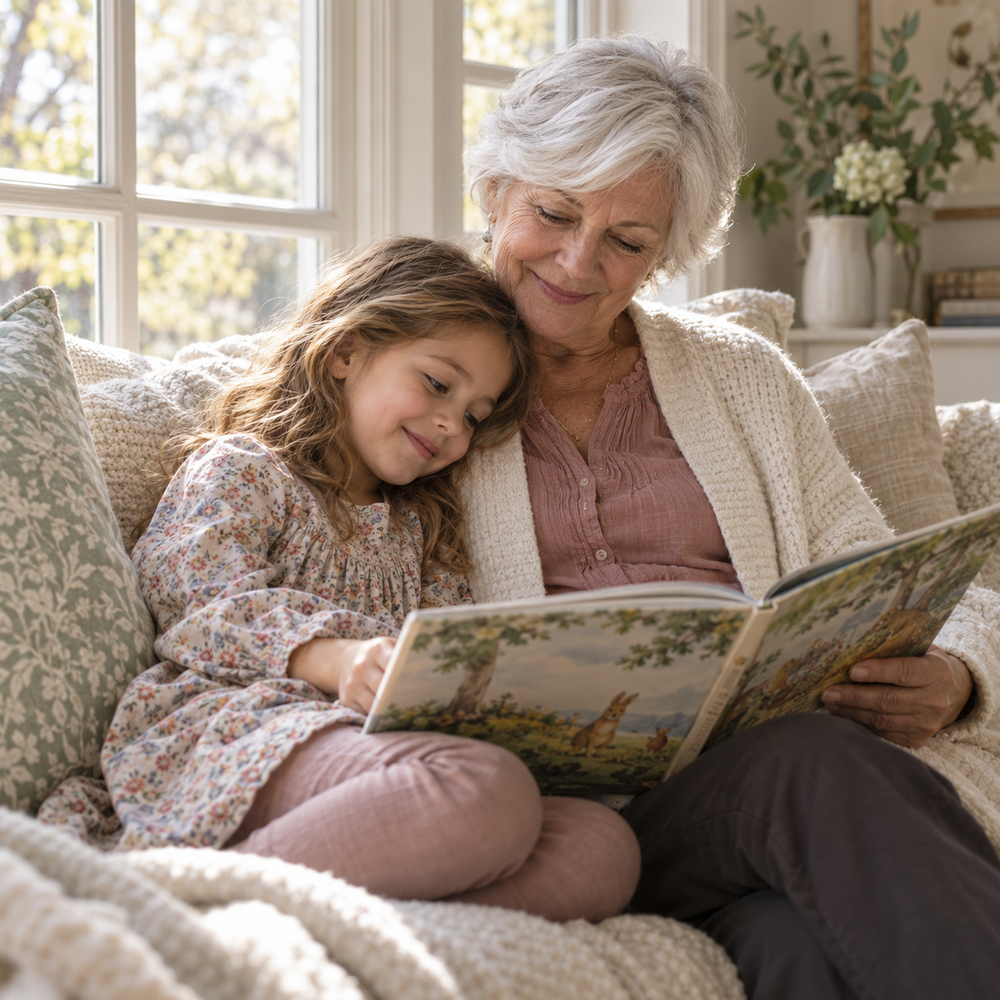 Illustrative family moment: grandmother reading with her granddaughter